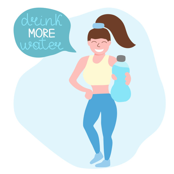 女孩拿着一瓶水说多喝水，手绘字母，保持水分的概念，矢量图片下载