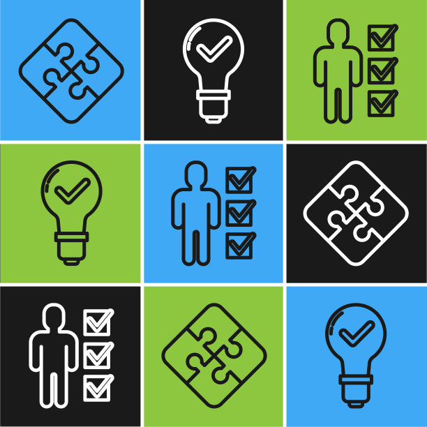 设置线条拼图，西装使用者和电灯泡，并勾选图标。向量图片下载