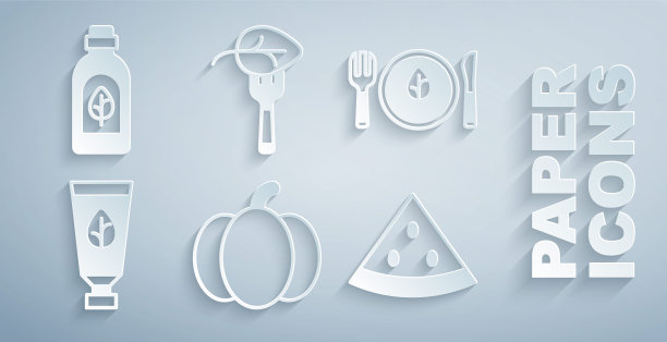 集南瓜，素食饮食，有机化妆品，西瓜，和精油瓶图标。向量图片下载