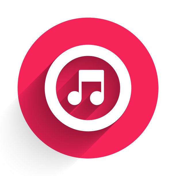 白色音乐的音符，音调图标与长阴影隔离。红色圆圈按钮。向量图片下载