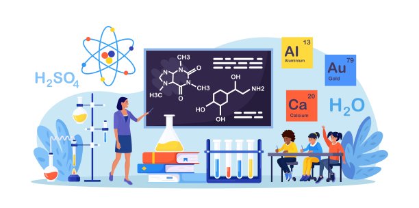 化学课。小学生学习化学式、元素。在实验室进行科学实验，使用化学烧瓶、试剂、科学仪器。实验室科研、教育图片下载