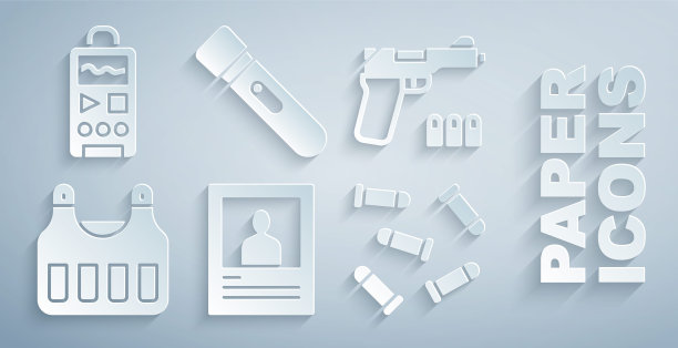 集合通缉海报，手枪或枪，防弹背心，手电筒和录音机图标。向量图片下载