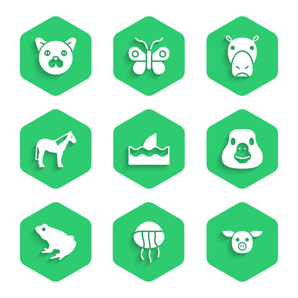 集鲨鱼鳍在海浪，水母，猪，鹅鸟，青蛙，马，河马河马和猫的图标。向量图片下载