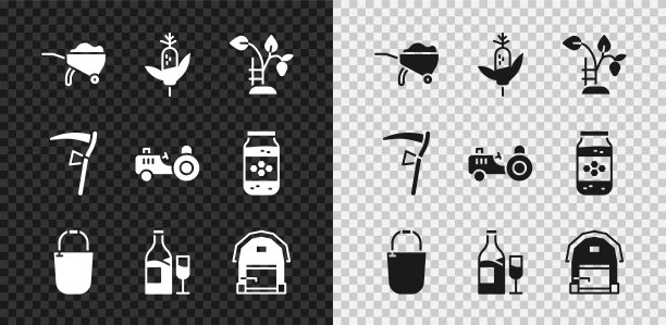 集手推车与泥土，玉米，草莓灌木，桶，酒瓶玻璃，农舍，镰刀和拖拉机图标。向量图片下载