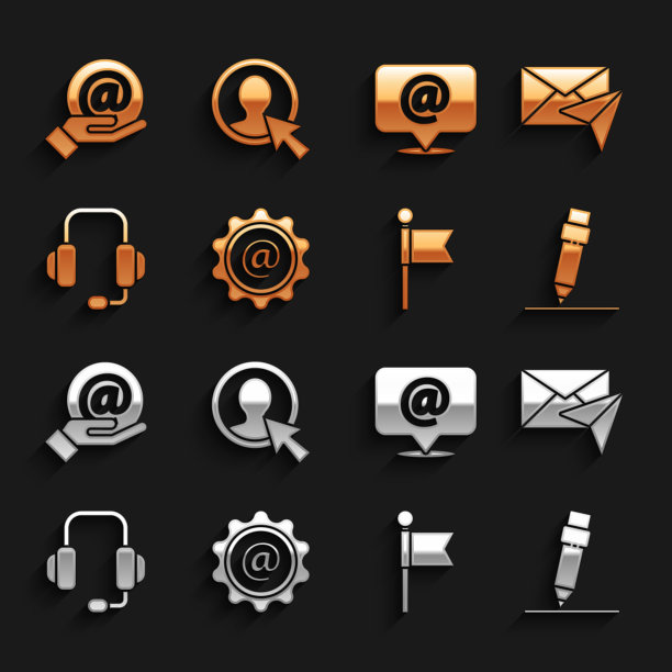 设置邮件和电子邮件，信封，铅笔与橡皮擦，位置标记，耳机，在手和创建帐户屏幕图标。向量图片下载