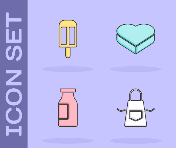 集厨房围裙，冰淇淋，奶瓶和糖果在心形盒子图标。向量图片下载