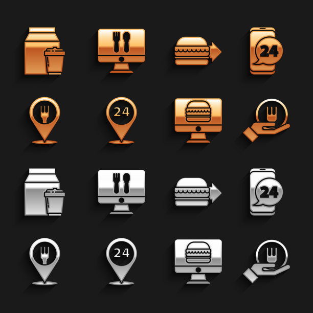 设置全天候交付，食品订购，在线和，咖啡馆餐厅的位置，汉堡和图标。向量图片下载