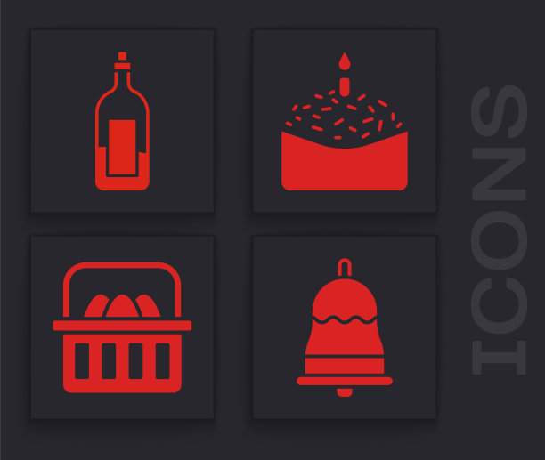 设置铃声，葡萄酒瓶子，复活节蛋糕和蜡烛和篮子与复活节彩蛋图标。向量图片下载