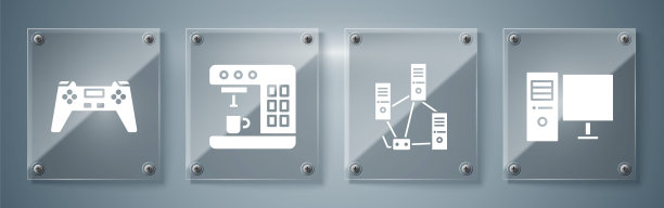 集电脑显示器、电脑网络、咖啡机、游戏手柄于一体。方形玻璃板。向量图片下载