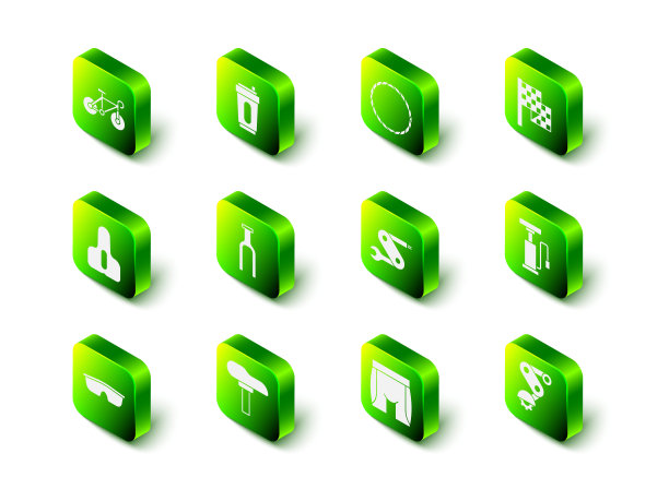 集运动瓶与水，自行车车轮，方格旗，气泵，变速器自行车后方，瑞士军刀，自行车短裤和座位图标。向量图片下载