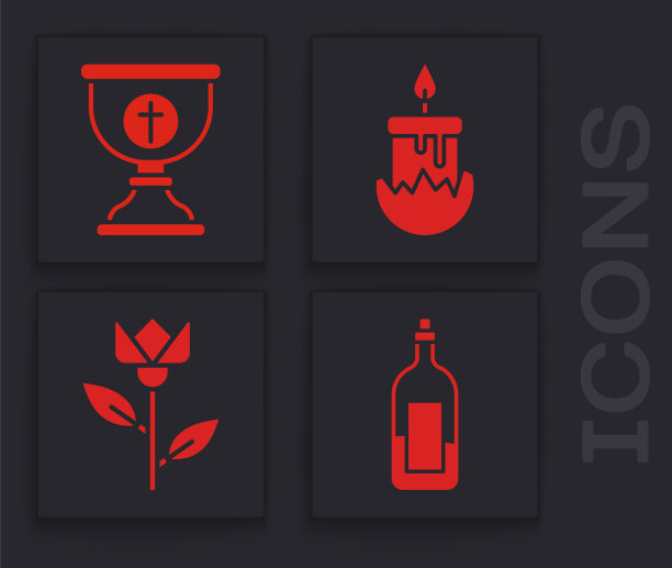 集瓶酒，基督教圣杯，燃烧的蜡烛和花郁金香图标。向量图片下载