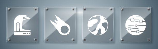 设定火星、行星、彗星快速坠落和宇航员头盔。方形玻璃板。向量图片下载