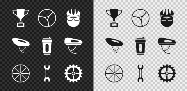 集奖杯与自行车，自行车轮，头盔，扳手扳手，链轮曲柄，和运动瓶水图标。向量图片下载