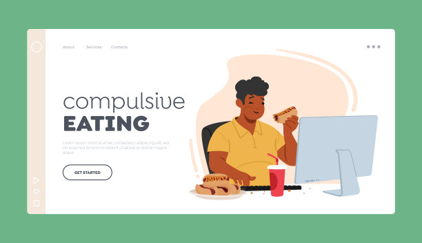 强迫性进食登陆页面模板。患有强迫性饮食失调症的人坐在办公桌前，插图图片下载