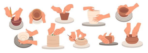 一组熟练的手在陶工的轮子上工作粘土，将其塑造成美丽的艺术品，卡通插图图片下载