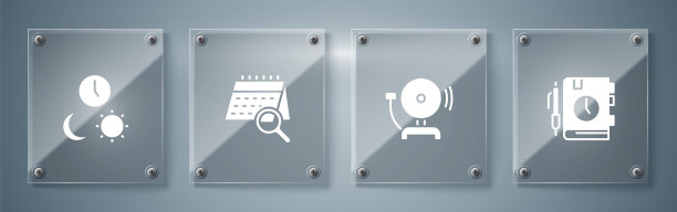 设置每日纸质记事本，响闹钟，日历搜索和昼夜与时间。方形玻璃板。向量图片下载