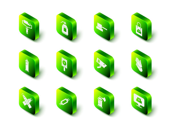 设置油漆喷枪，喷罐喷嘴盖，橡胶手套，安全摄像头和记号笔图标。向量图片下载