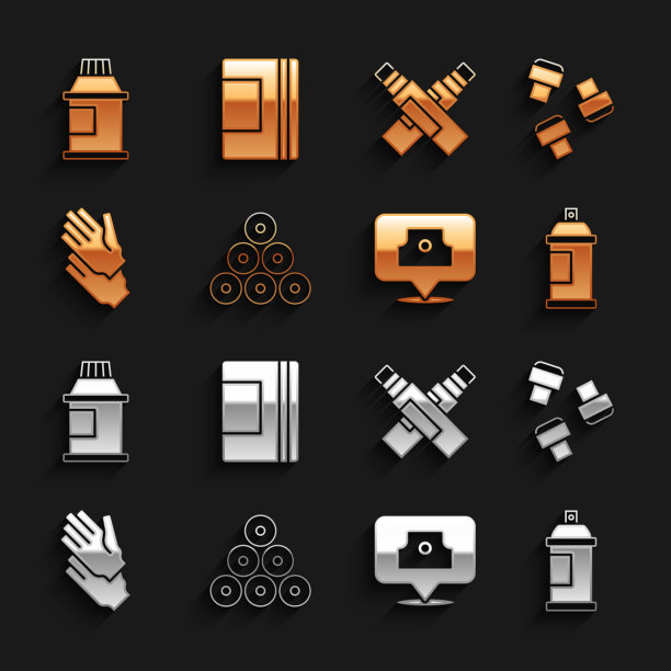 集喷漆罐，记号笔附件，喷嘴帽，橡胶手套，油漆，水粉，罐子，染料和螺旋笔记本图标。向量图片下载