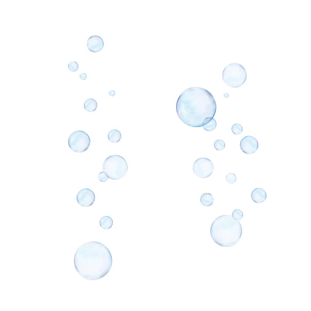 水彩画的一组宽流的气泡上升在白色的背景。透明逼真的图片插图，贴纸，标志，纺织印花，图案，融洽图片下载