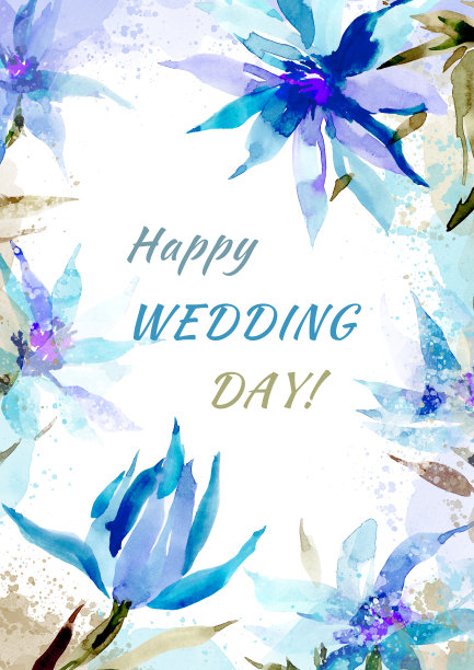一张婚礼日期的明信片。给新娘和新郎的蓝花海报图片下载
