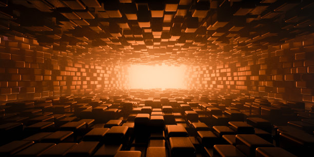 3d抽象的黑色隧道背景从正方形和矩形与明亮的光在结束。具有深度和视角的未来走廊。3d渲染图。图片下载