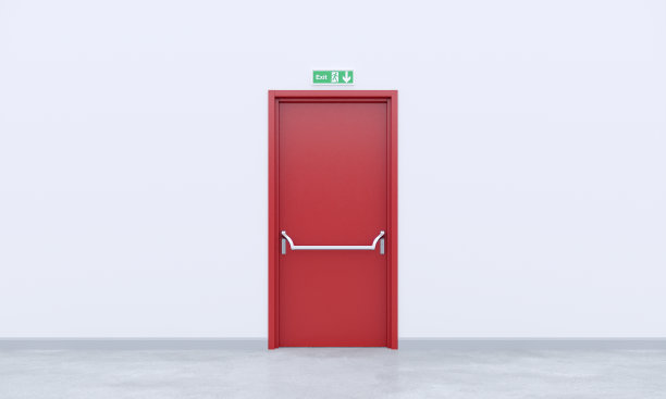 消防出口红色金属门在白色空间建筑。三维渲染图片下载