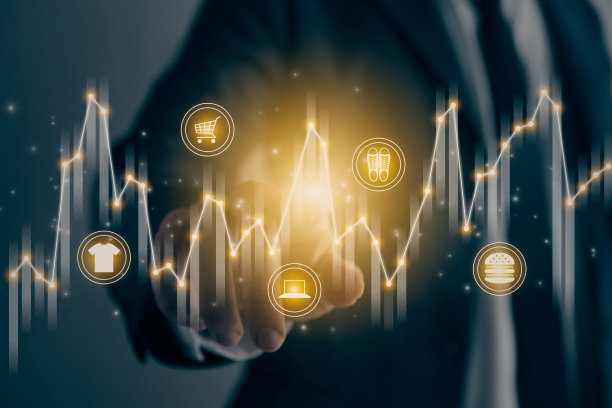 商人手和手指按或触摸中心股票图表和在线产品在复古的语气图片下载