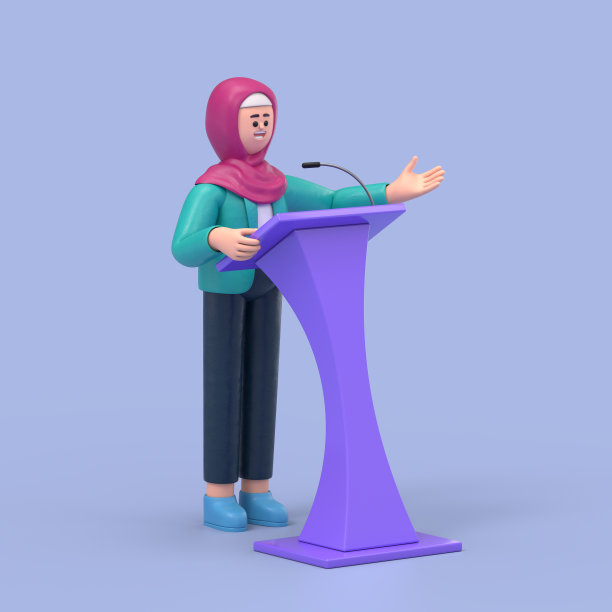 三维插图微笑的阿拉伯妇女Ghaliyah在会议上发言。蓝色背景的3D渲染。图片下载