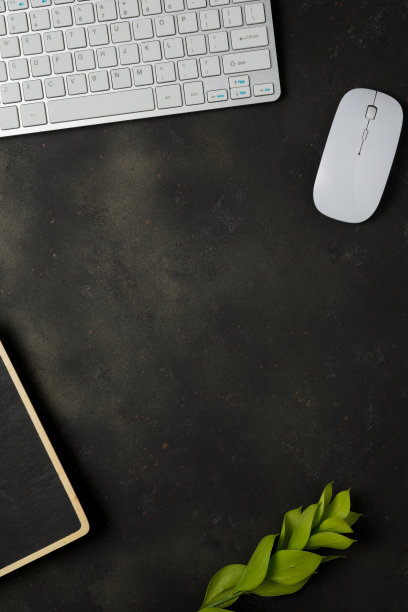 平躺，顶景办公桌书桌。工作区有空白的笔记本、键盘、办公用品和黑色背景的绿叶。图片下载