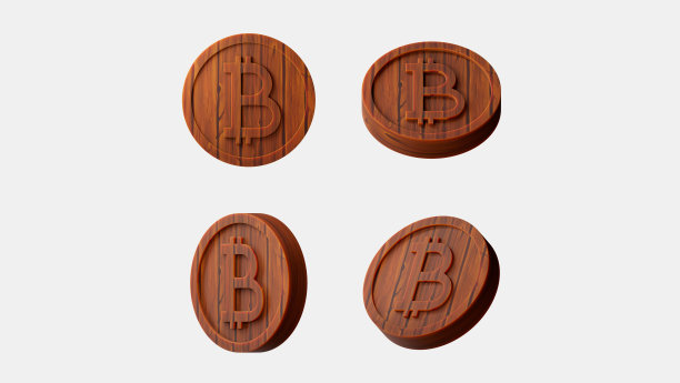 风格化的木材纹理比特币硬币孤立在浅灰色的背景。三维渲染图片下载