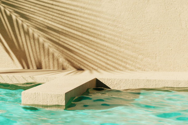 热带夏季背景与混凝土墙，池水和棕榈叶的阴影。图片下载