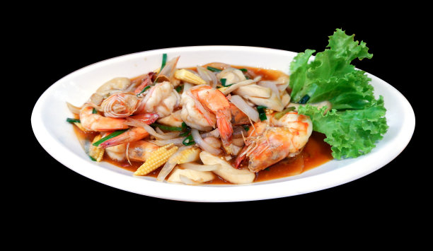 翻炒玉米和草菇虾仁的俯视图，重点选择性图片下载