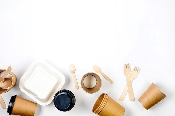 俯视图不同的环保一次性牛皮纸餐具图片下载