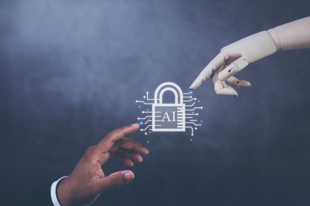 用人工智能的概念，在木制机器人手和人手中加入文字AI图片下载