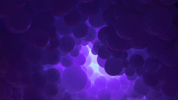 紫色的背景与飞行气球-干净的设计，三维抽象现实的旗帜。图片下载