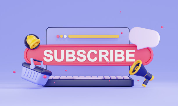 在笔记本电脑上为社交媒体订阅3d渲染。3d订阅后台。图片下载