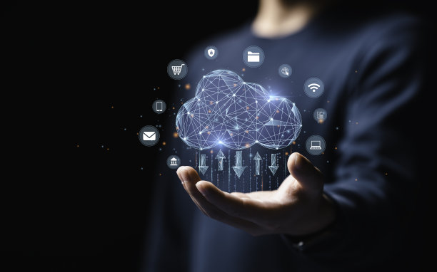 商人利用云计算技术进行数据传输、数据库、数据存储和备份。网络化和互联网服务理念。未来的商业网络概念。图片下载