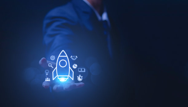 商人与火箭透明图标发射和飞行与网络连接图标在现代界面图片下载