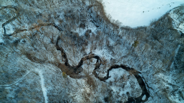 冬季，无人机拍摄到一条小溪流经森林图片下载