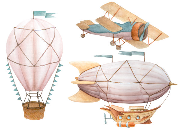 儿童的一套飞行车辆的水彩插图。飞艇、复古飞机、热气球图片下载