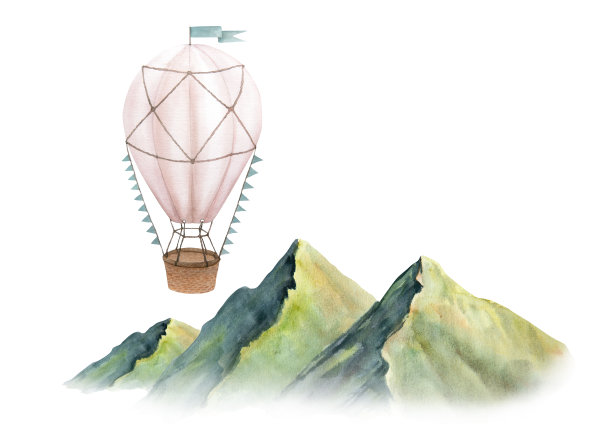 水彩插图如画的绿色山脉和老式的热气球或浮空器隔离图片下载