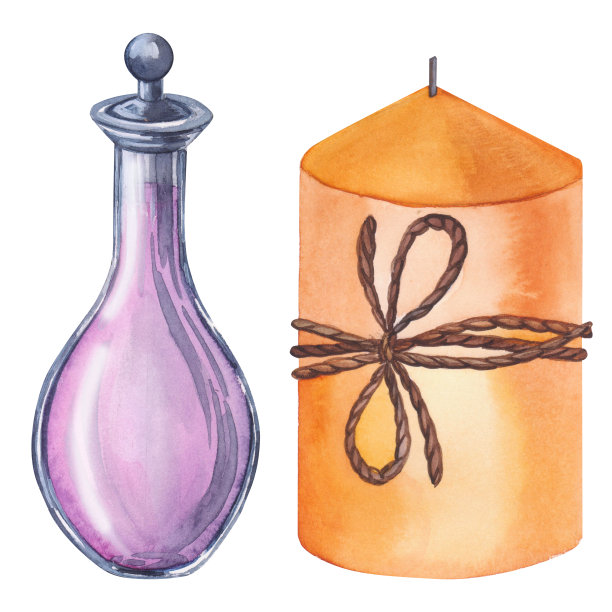 水疗集与缸油和蜡烛水彩插图。手绘孤立的白色背景。图片下载
