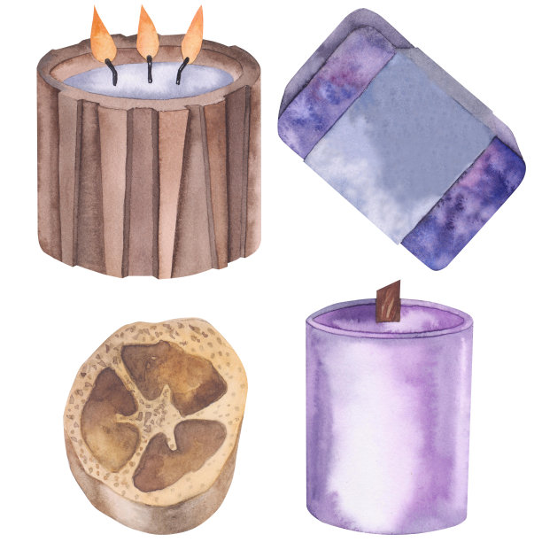 水疗中心设置蜡烛，loufa，肥皂水彩插图。手绘孤立的白色背景。图片下载