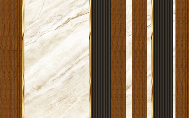 现代大理石墙面装饰壁纸。3d抽象的金色线条和木制和棕色的形状。墙装饰图片下载