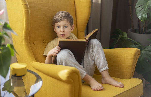 一个小男孩拿着书坐在椅子上，与一个智能扬声器交流图片下载