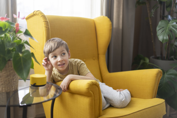 一个小男孩坐在椅子上，与一个智能扬声器交流图片下载