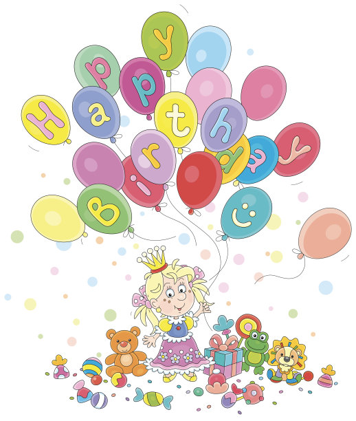 生日贺卡上有一个有趣的公主和五颜六色的气球图片下载