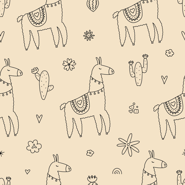 无缝图案与可爱的羊驼涂鸦风格。可爱的矢量插图，背景设计，适用于纺织品，包装纸，儿童和成人包装。图片下载