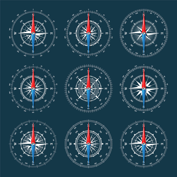 航海罗盘、航海风以北、东、南、西的基本方向和度数标记升起。地理位置和方位，制图和导航。矢量图图片下载