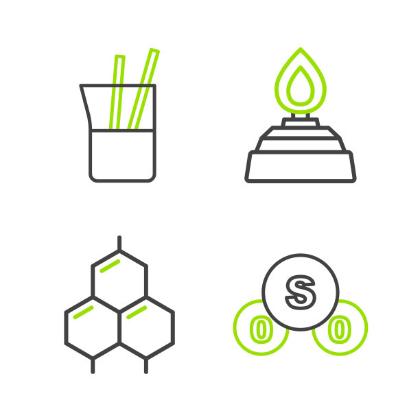 设置二氧化硫SO2，化学式，酒精燃烧器和实验室玻璃器皿图标。向量图片下载